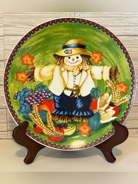WCL Happy Harvest Round Chop Plate Platter 12.5” Scarecrow Autumn Fall Decor VTG